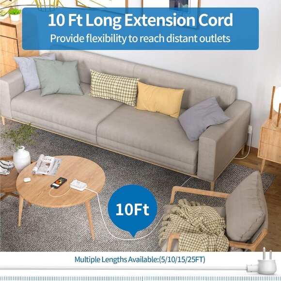 Surge Protector Power Strip 10 ft Flat Plug Extension w/ 6 Outlets 4 USB Ports - Picture 3 of 8